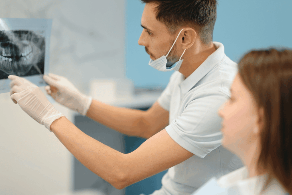 Orthodontist showing 3D jaw scan to patient