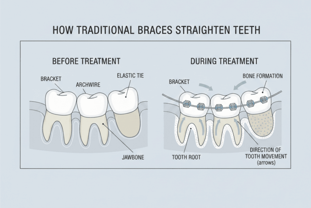 how traditional metal braces move teeth diagram