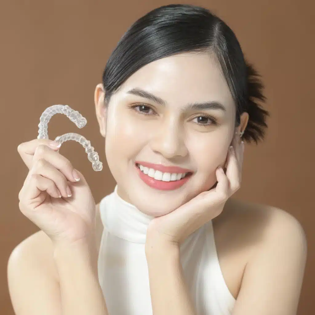 Young woman smiling, holding clear Invisalign aligner, showing straight teeth